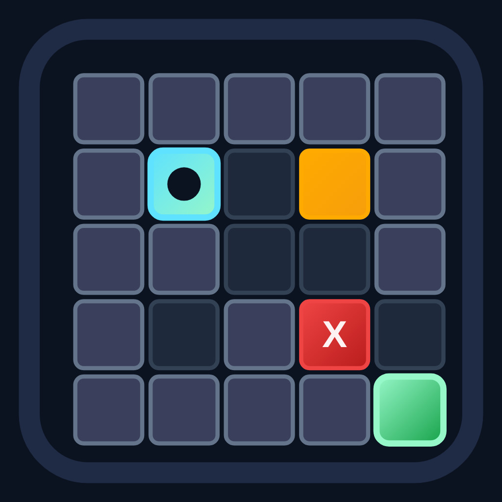 Micro Maze Rush icon showing a 5x5 grid maze with a cyan player, an orange timed gate, a red spike, and a green exit