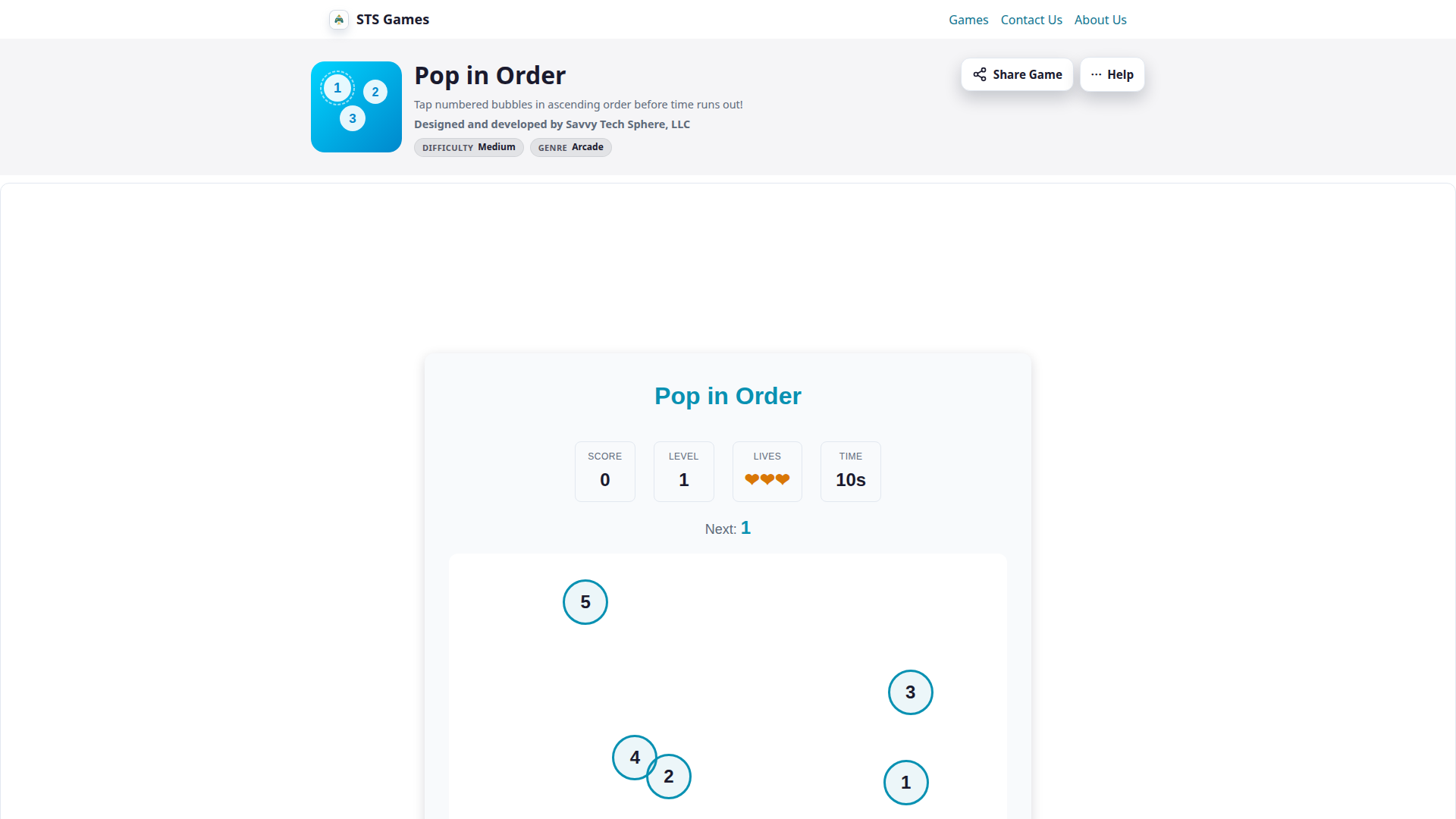 Pop in Order gameplay showing numbered bubbles